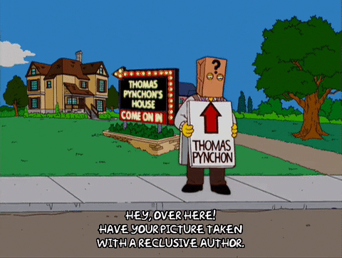 Gif image of reclusive author Thomas Pynchon self-parodying in an episode of the Simpsons.
