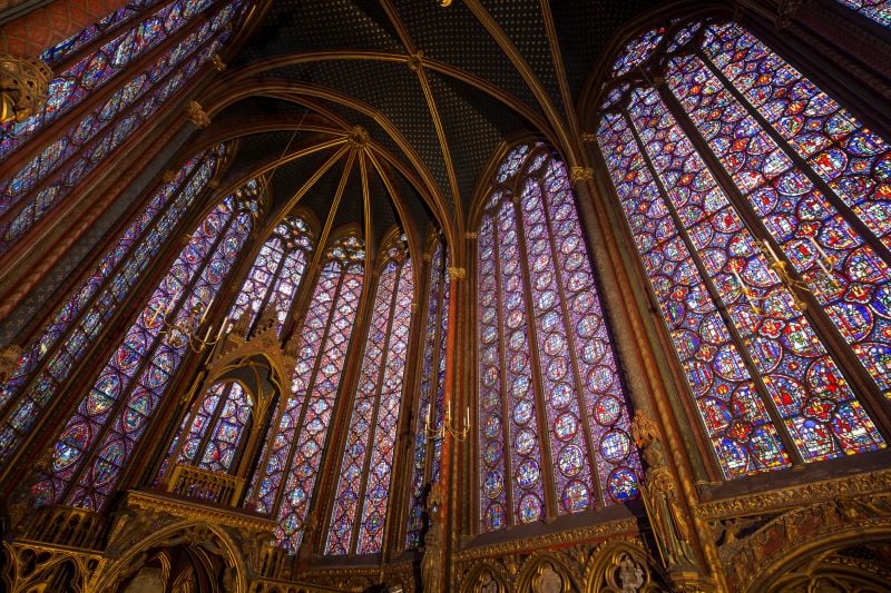 Interior view of Sainte-Chapelle's stained glass windows