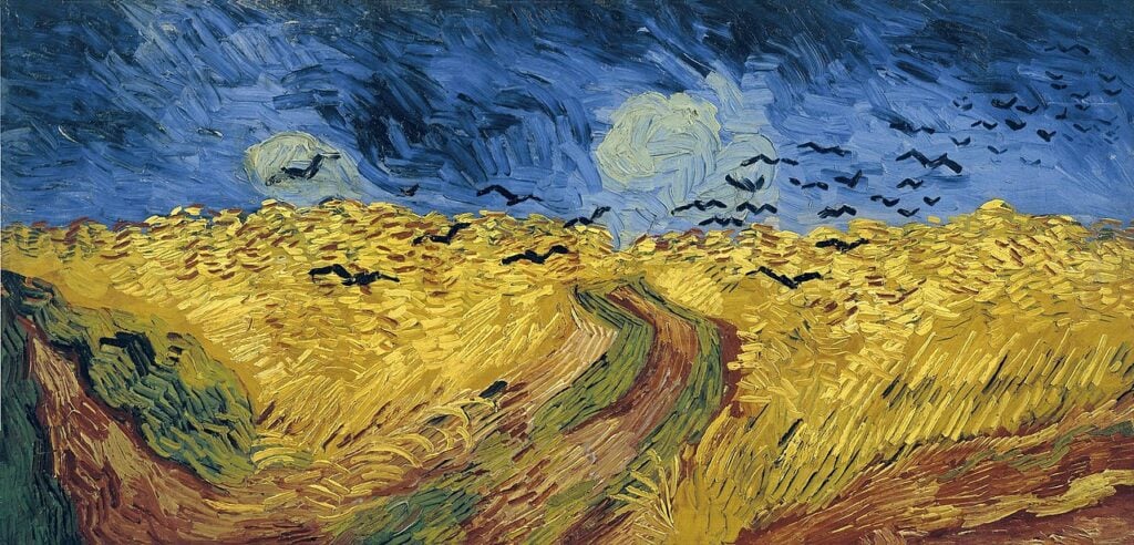 Wheatfield with Crows by Van Gogh, a painting featuring a wheatfield below an ominous dark sky full of crows.