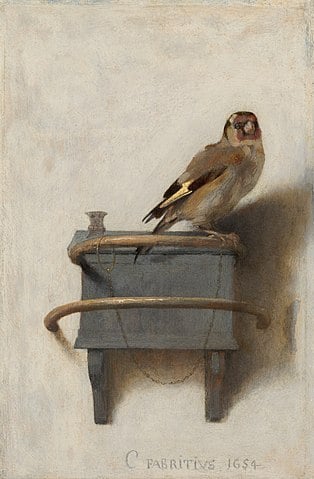 The Goldfinch by Carel Fabritius, one of the most famous bird paintings in existence, featuring a finch that's chained to its perch.