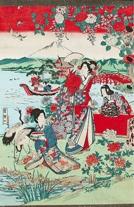 A 19th-century Japanese print featuring traditional Japanese geishas.