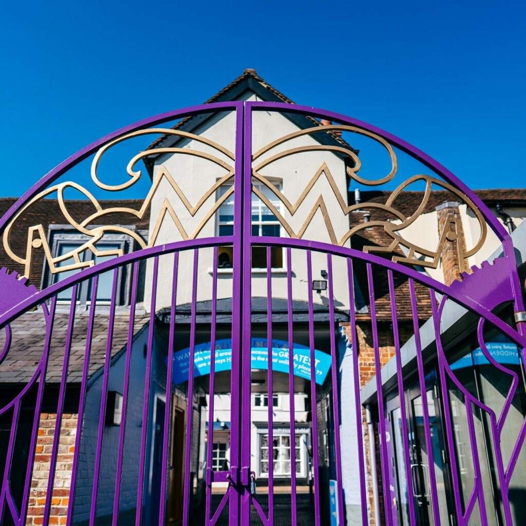 Purple gates outside the Roald Dahl Museum