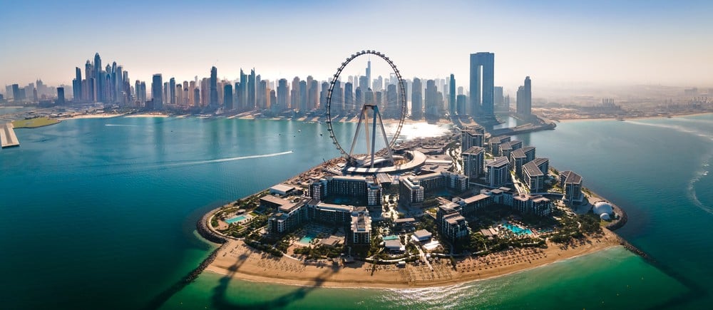 Aerial view of Ain Dubai observation wheel with Dubai skyline in the background