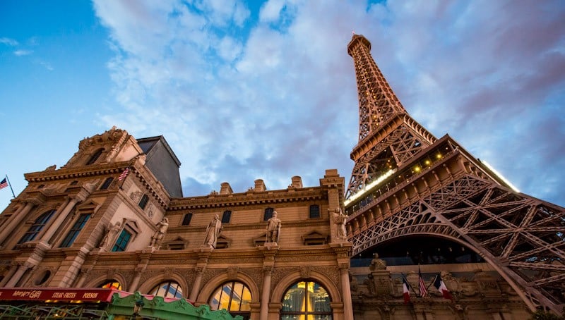 A view from beneath the Eiffel Tower in Las Vegas, one of the most unique things to do in Las Vegas with kids