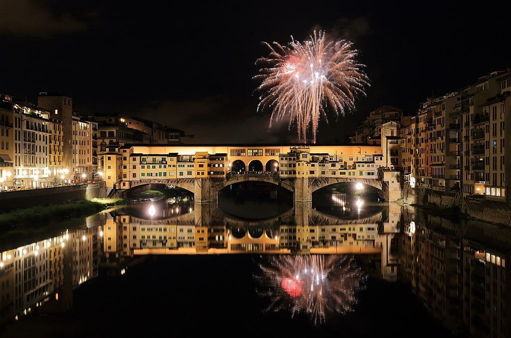A New Year's Eve fireworks display over the Ponte Vecchio bridge in Florence. 