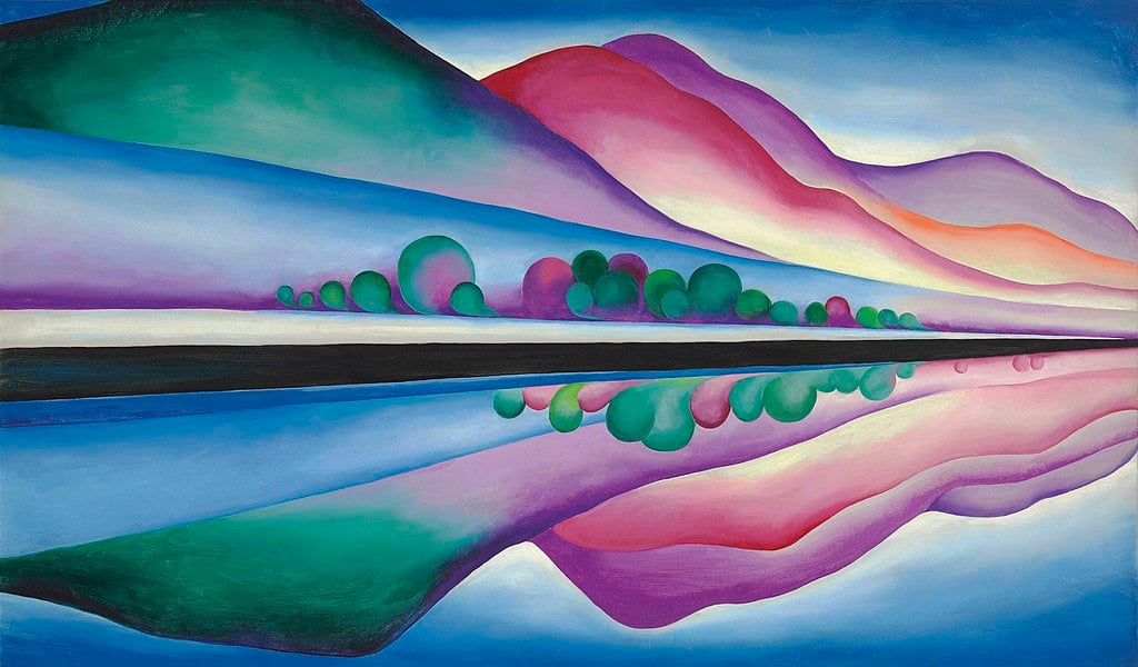 "Lake George Reflection" by famous female artist Georgia O'Keeffe depicts a mirrored watercolor image. 
