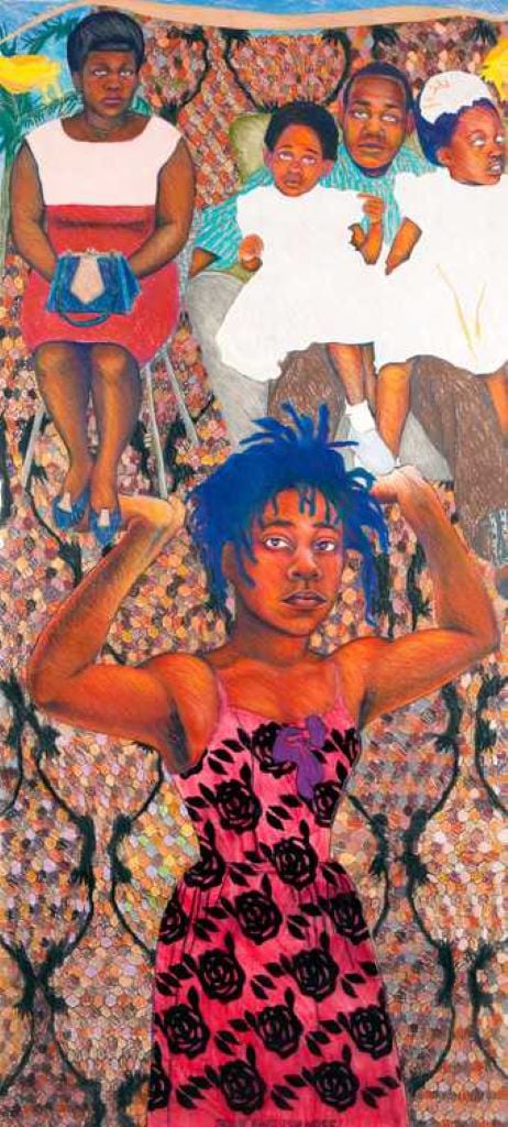 A painting by famous female artist Sonia Boyce depicting a Black woman balancing other figures above her head. 