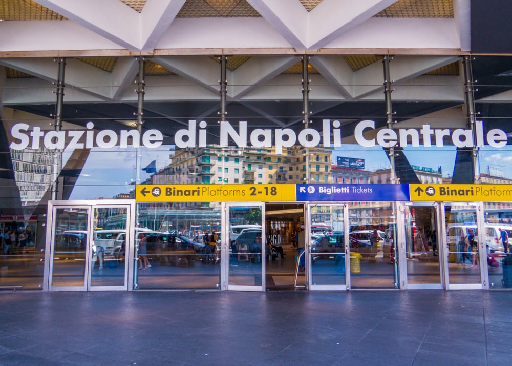 Photo of the main entrance to the train station in Naples.