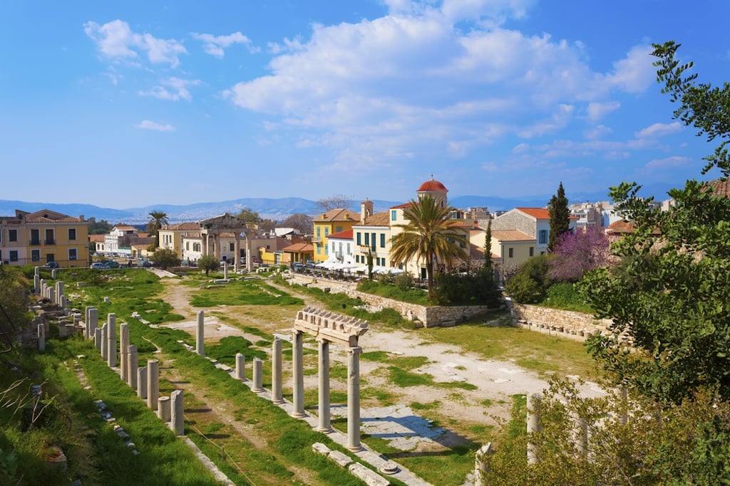 The Ancient Agora of Athens on top of the hill.