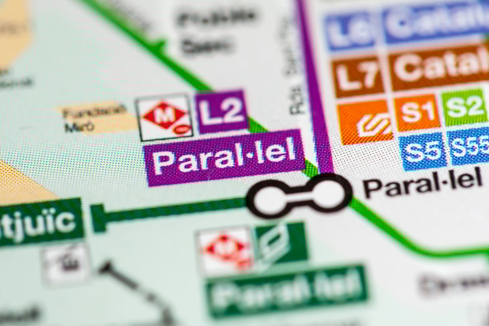 Close up on the Barcelona Metro map with focus on Paral-lel station.