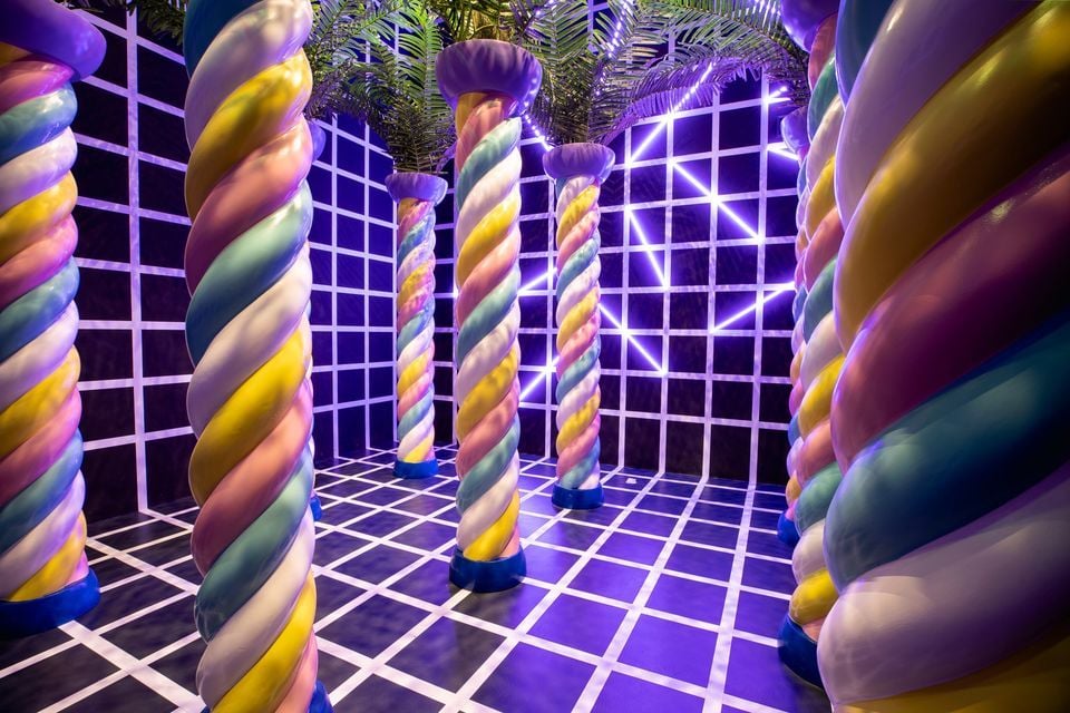 Colorful and swirly room at the Sweet Space Museum in Madrid.